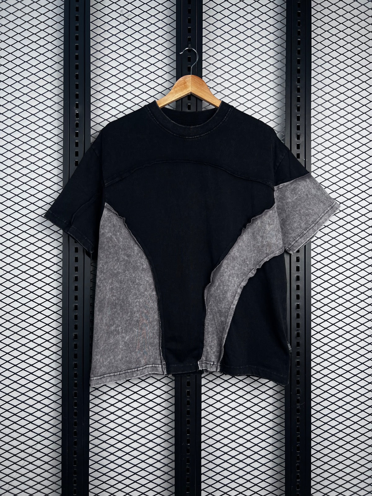 Heavyweight cotton panelled T-shirt in black and washed-grey