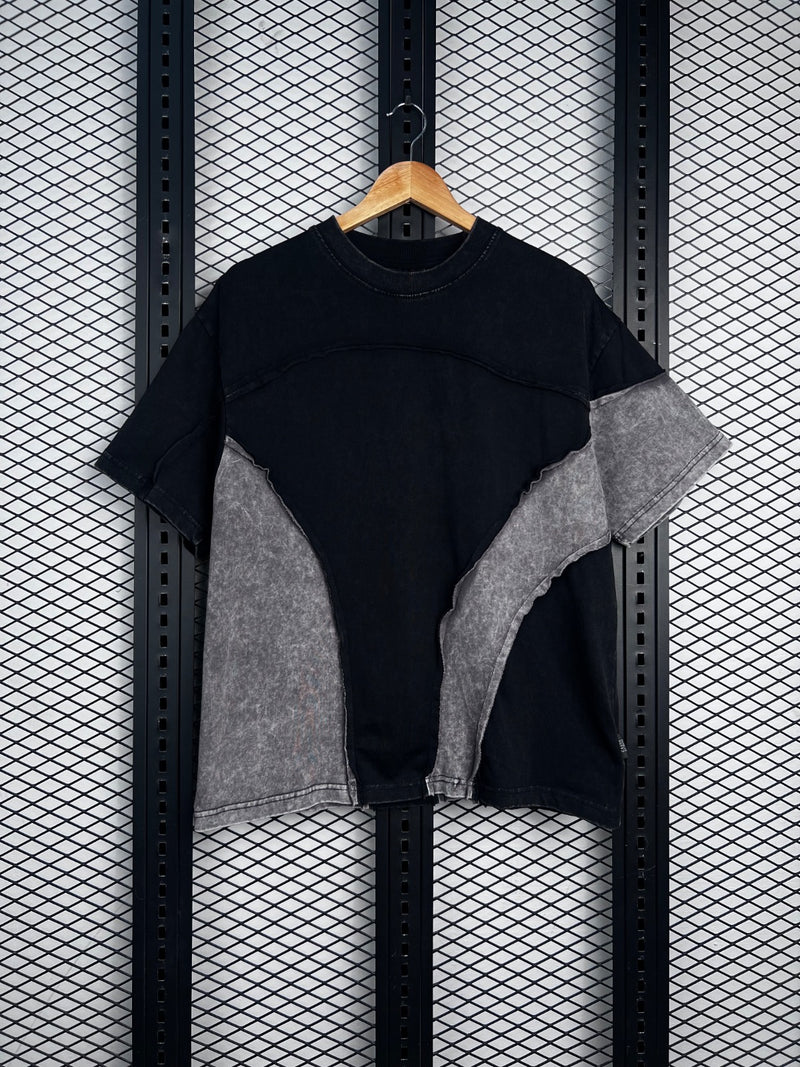 Heavyweight cotton panelled T-shirt in black and washed-grey