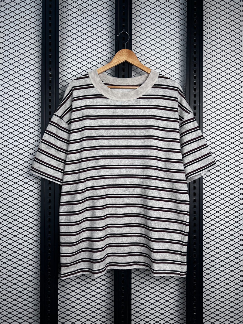 Heathered jersey striped tee with thick ribbed collar
