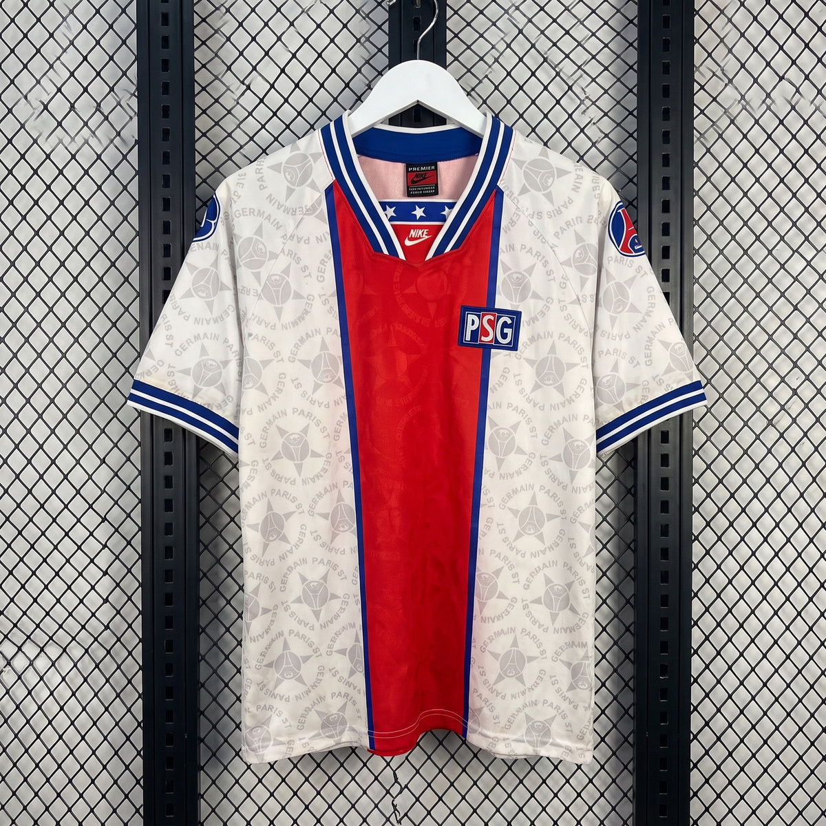 Striped-trim V-neck athletic jersey with red center panel