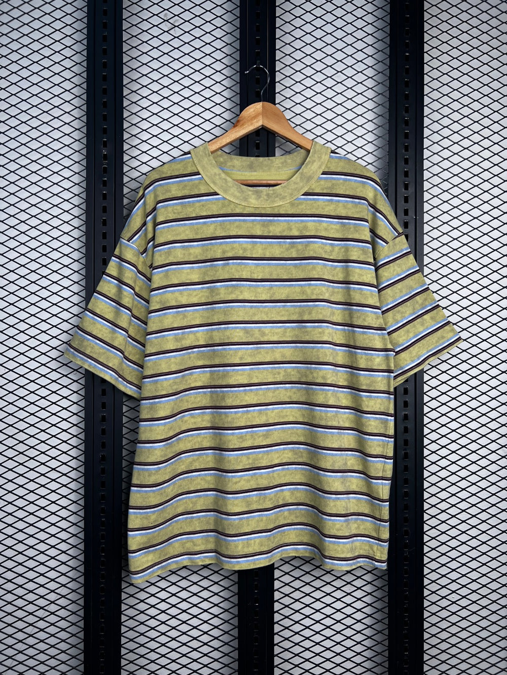 Multi-stripe crewneck t-shirt in washed chartreuse yellow