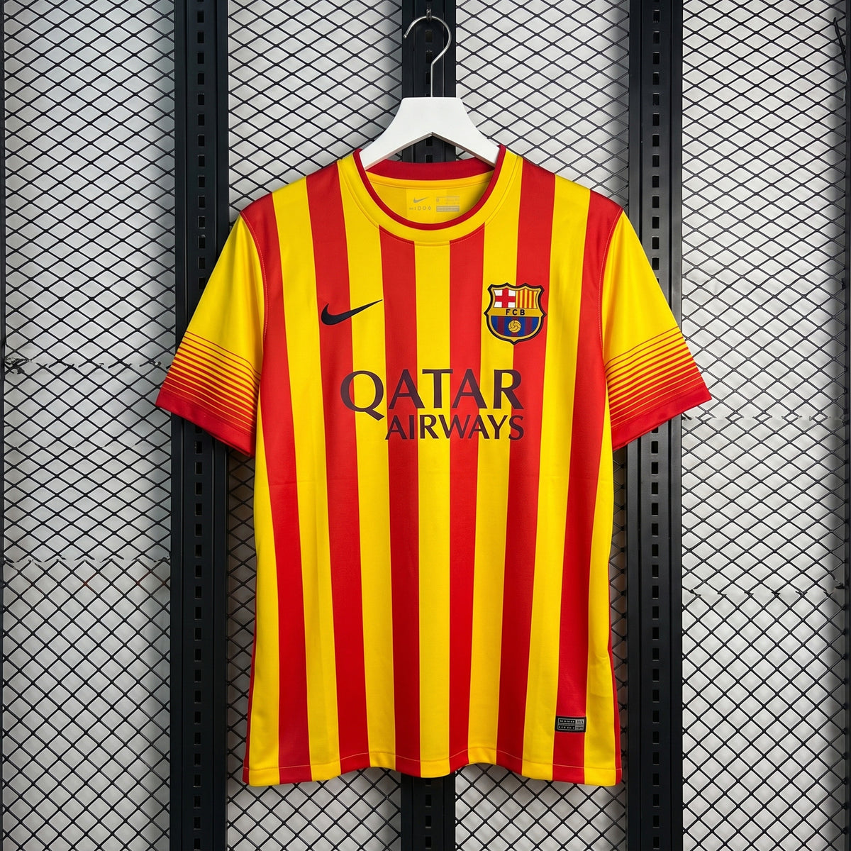 Gradient-cuff striped athletic jersey in yellow and red