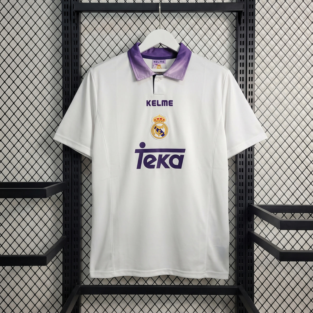 Short-sleeve collared football jersey in white and purple