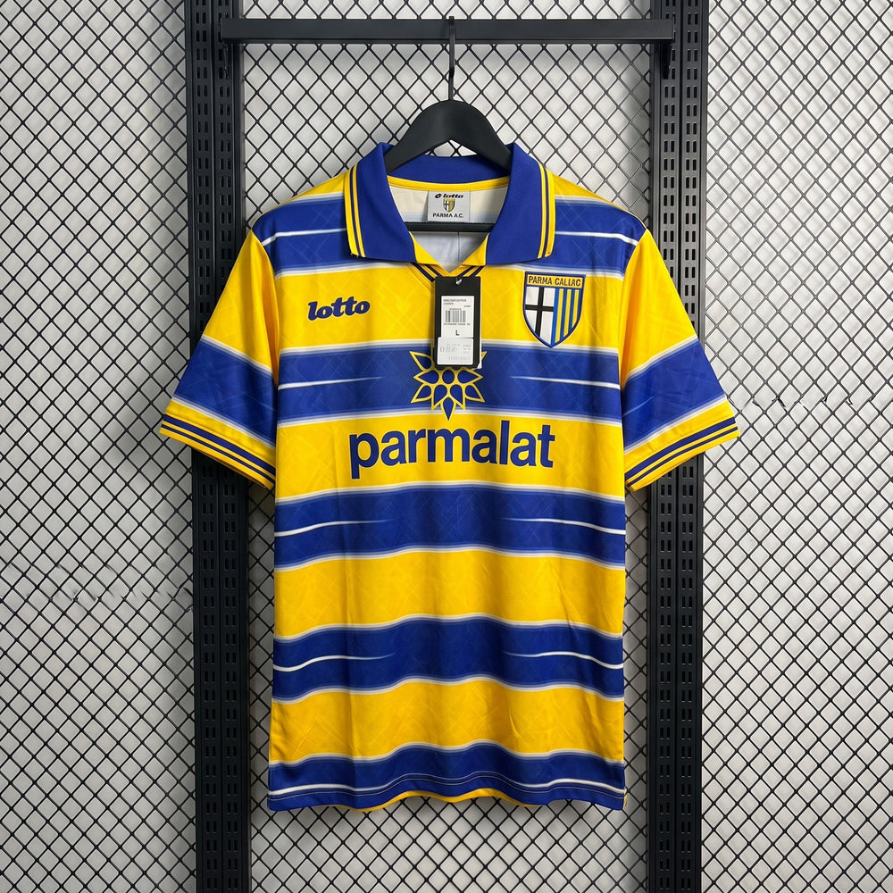 Striped yellow and blue collared football jersey
