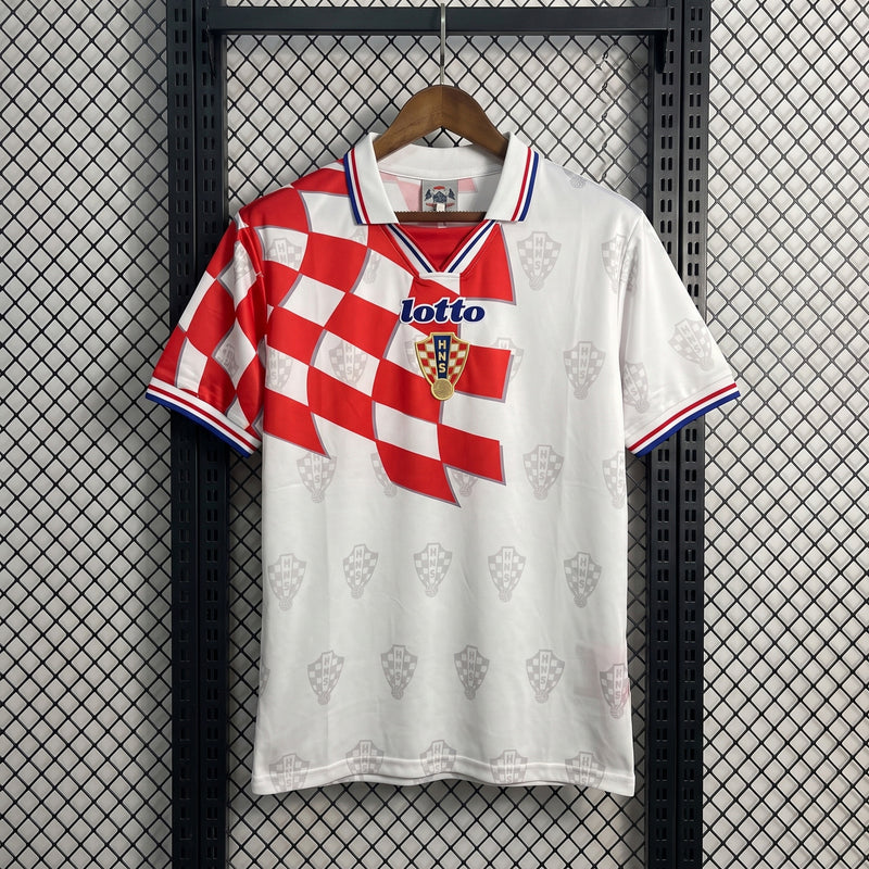 Checkerboard drape-panel collared football jersey in white and red