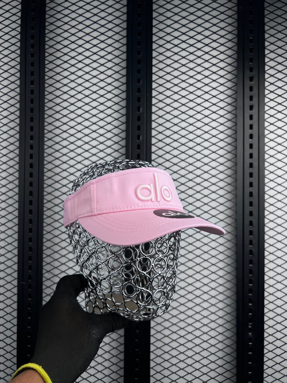 Matte pink woven sun visor with raised embroidery
