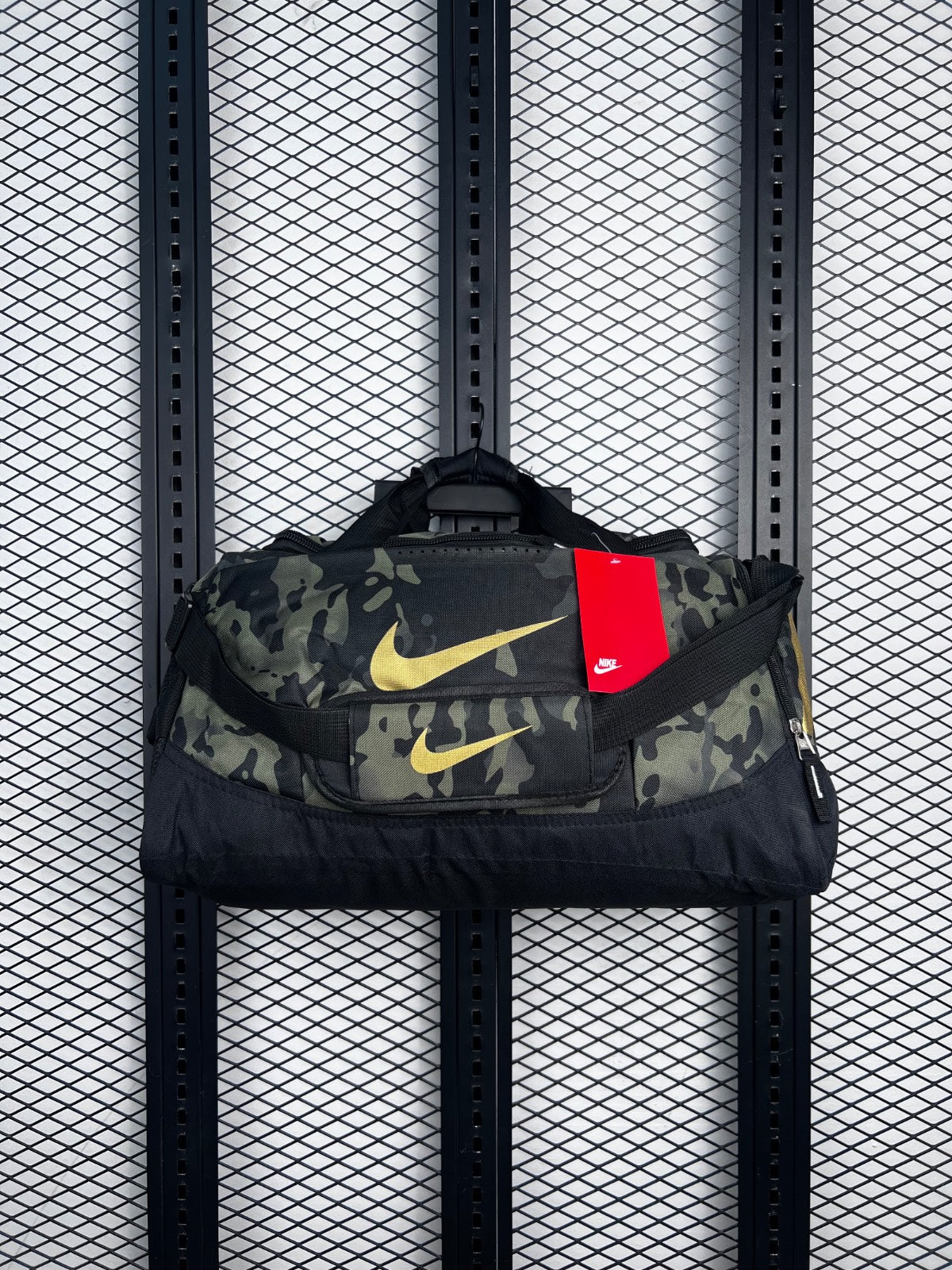 Gold foil graphic camouflage duffle bag
