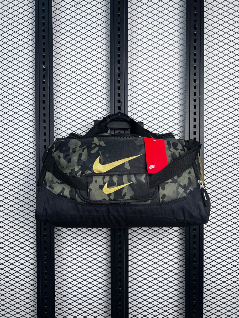 Gold foil graphic camouflage duffle bag