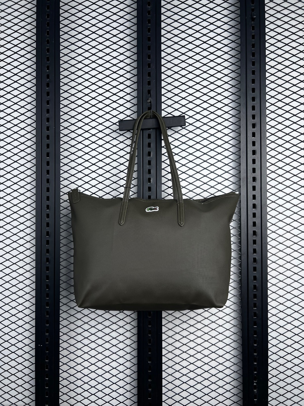 Piqué-textured olive green zip tote with long handles