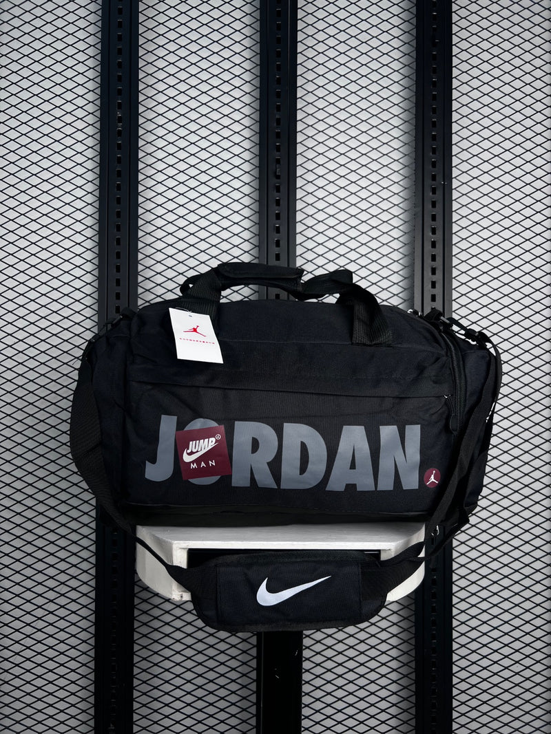Duffel bag silhouette in black with grey typography