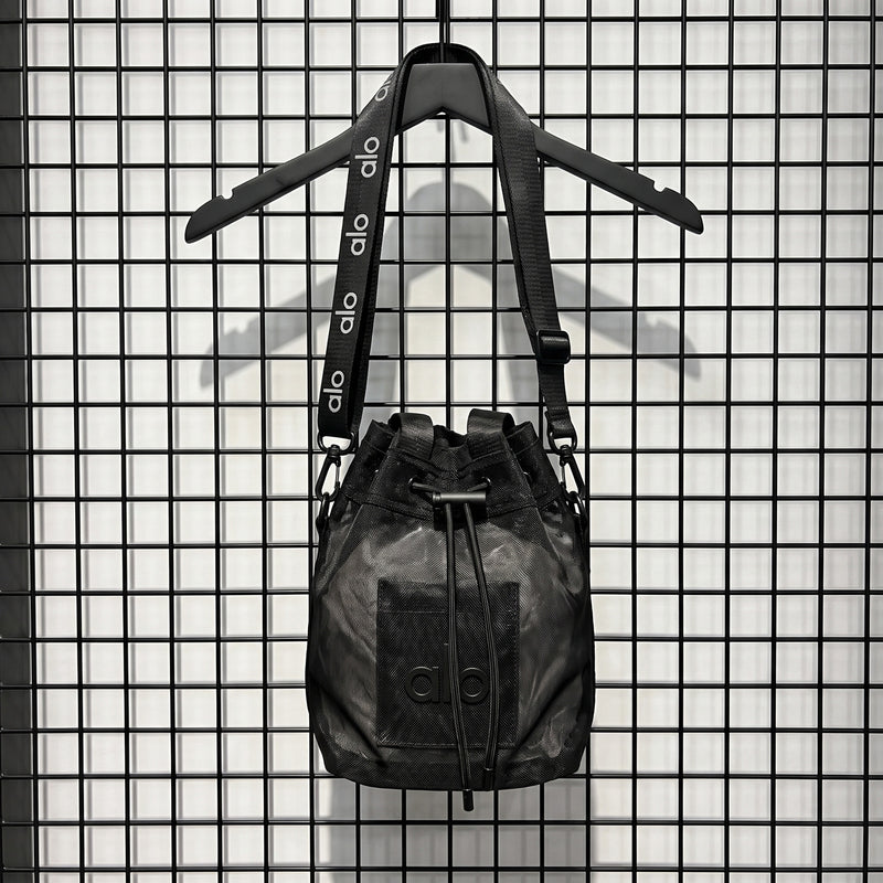 Nylon mesh drawstring bucket bag in black