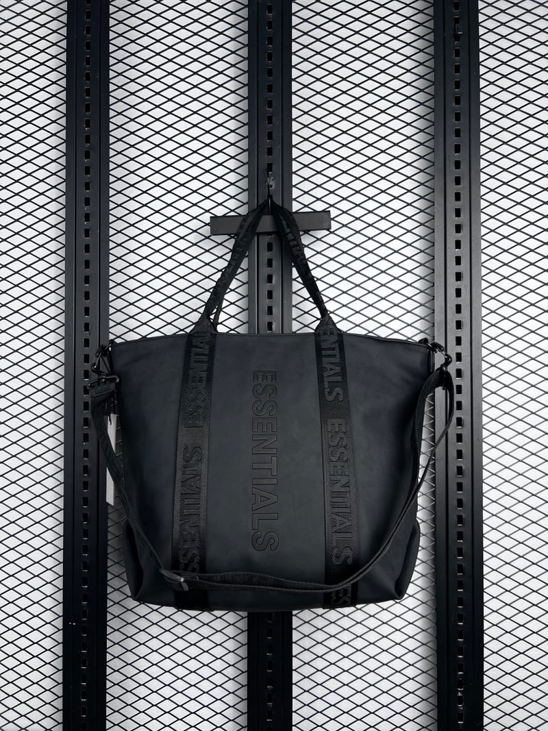 Embossed text matte black tote with jacquard webbing straps