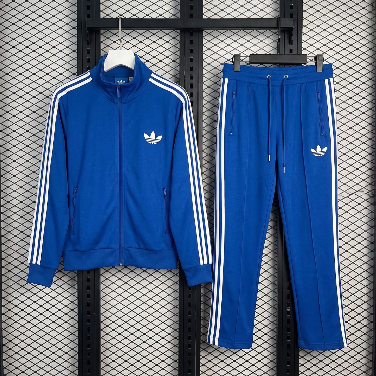 Wide-leg royal blue tracksuit with white side stripes