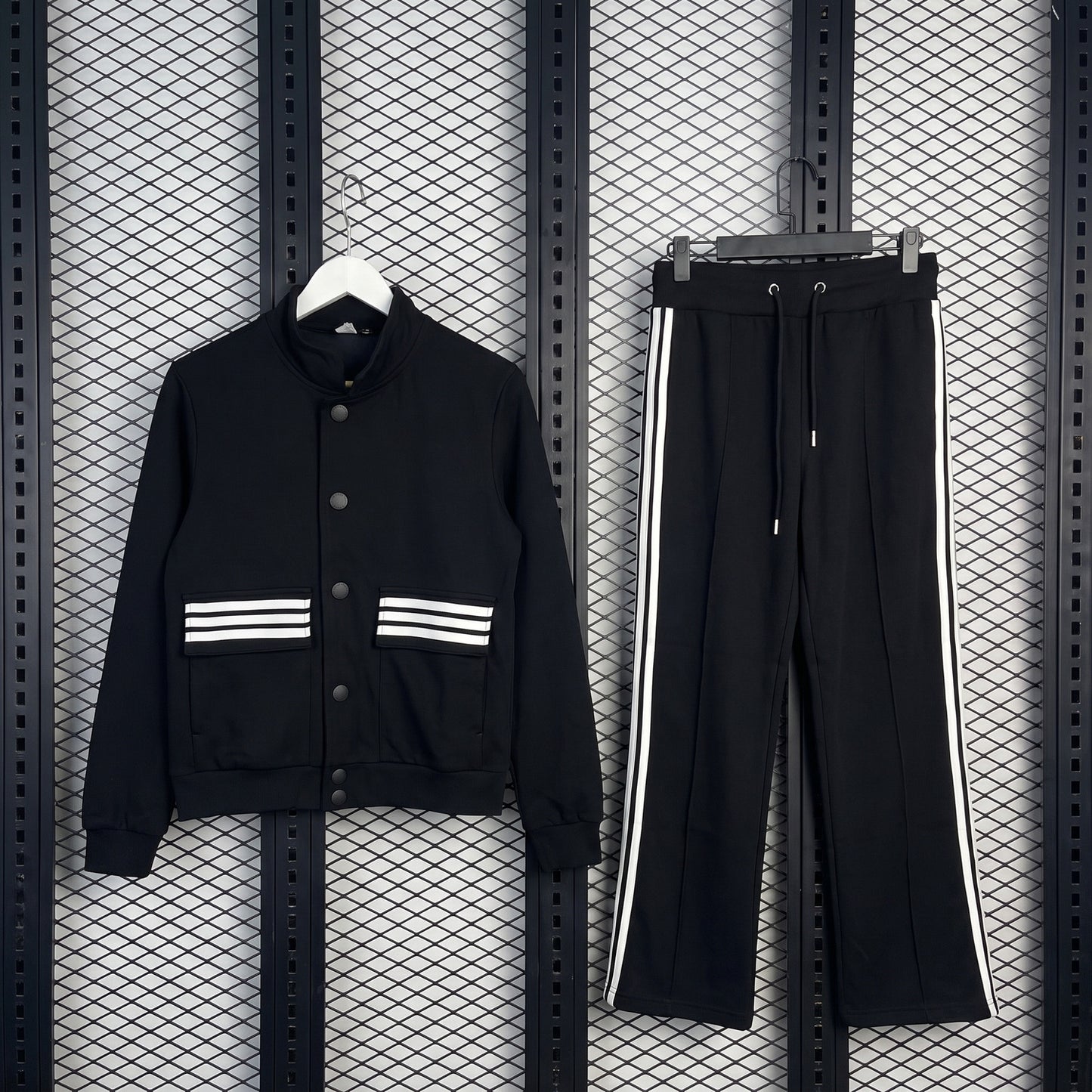 Knit track jacket and wide pants in black