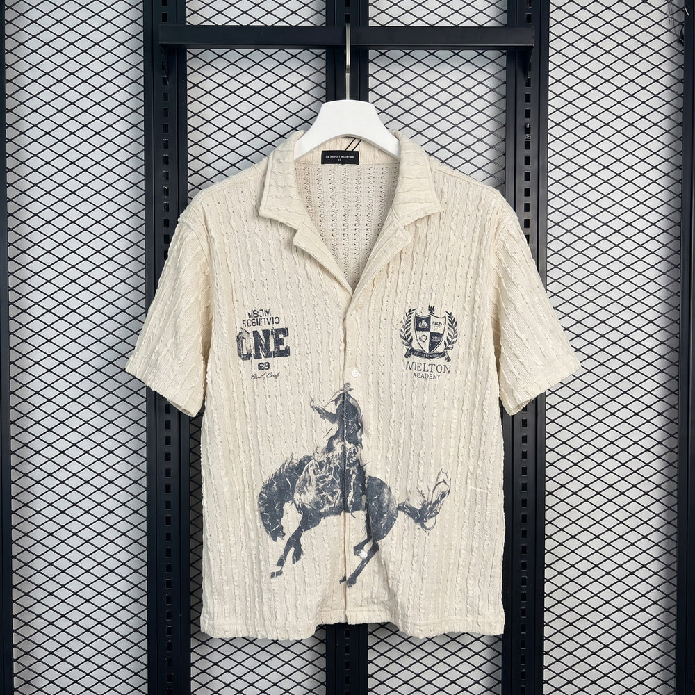 Textured seersucker knit resort shirt with graphic prints