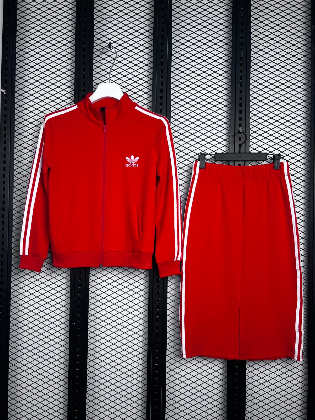 Striped-tape track jacket and midi skirt set in red