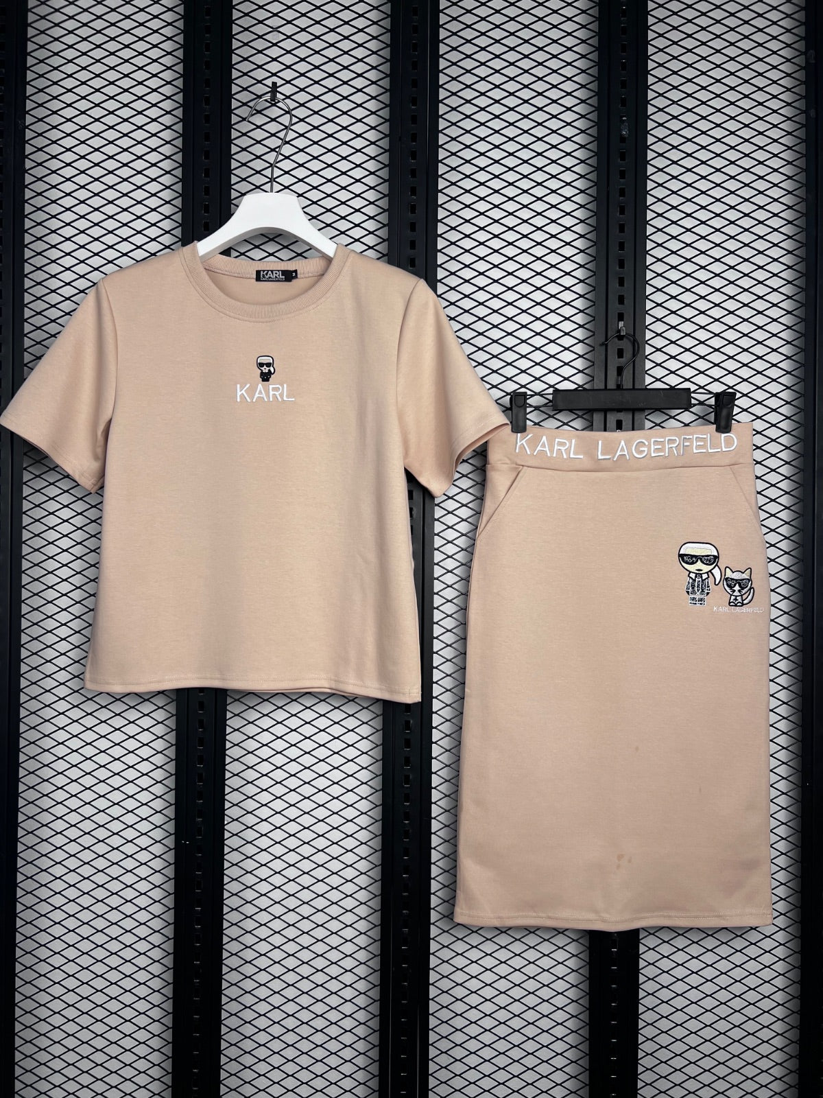Graphic-embroidered cream jersey t-shirt and skirt set