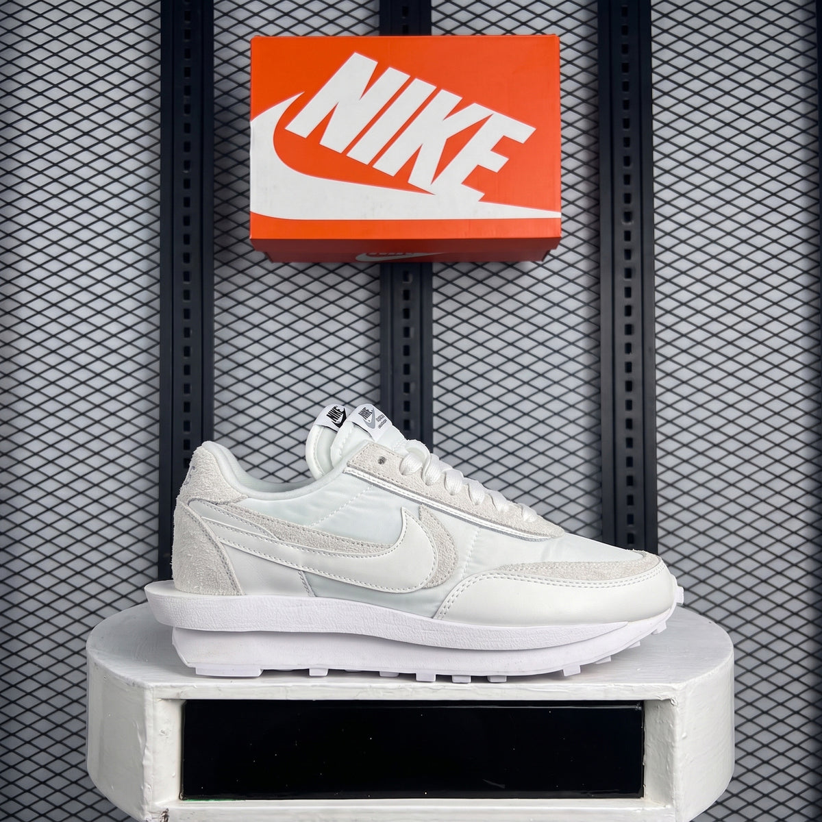 Textured textile runner in white and bone