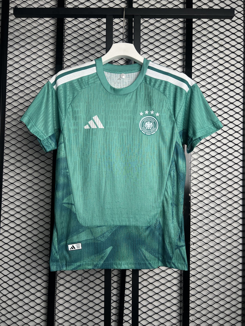 Smooth technical green athletic jersey with white shoulder stripes