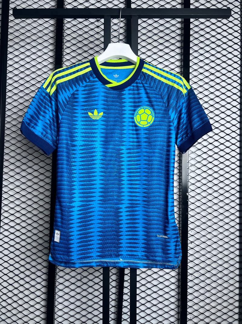 V-neck athletic jersey in patterned blue and neon