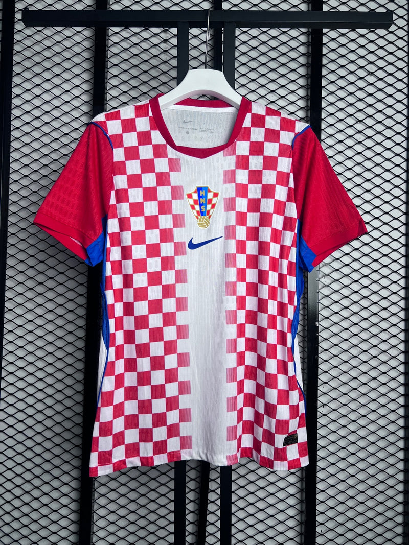 Red and white checkered football jersey with blue trim