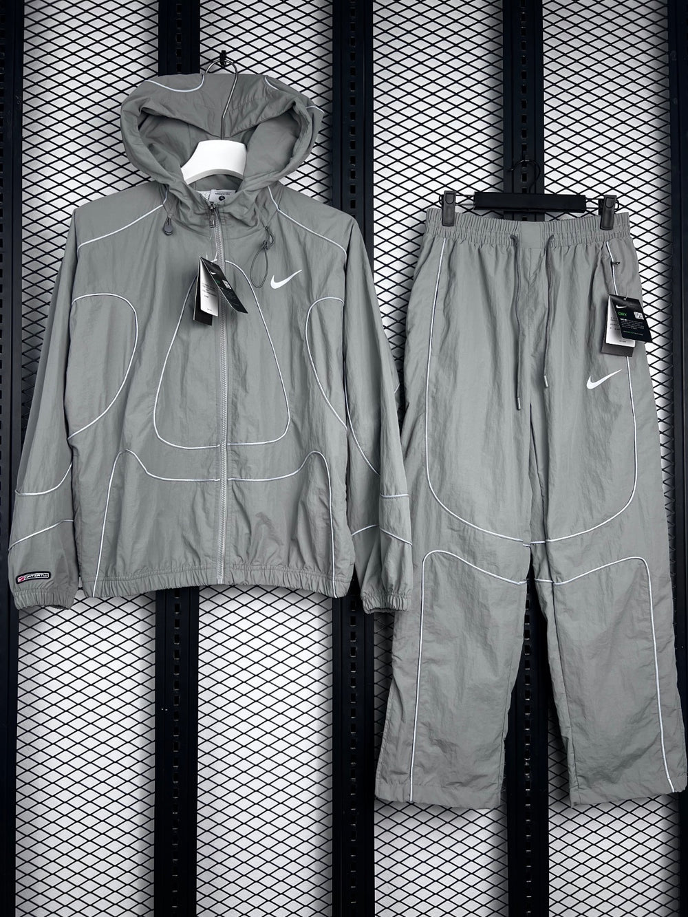 Contrast-piped nylon hooded tracksuit set in slate grey