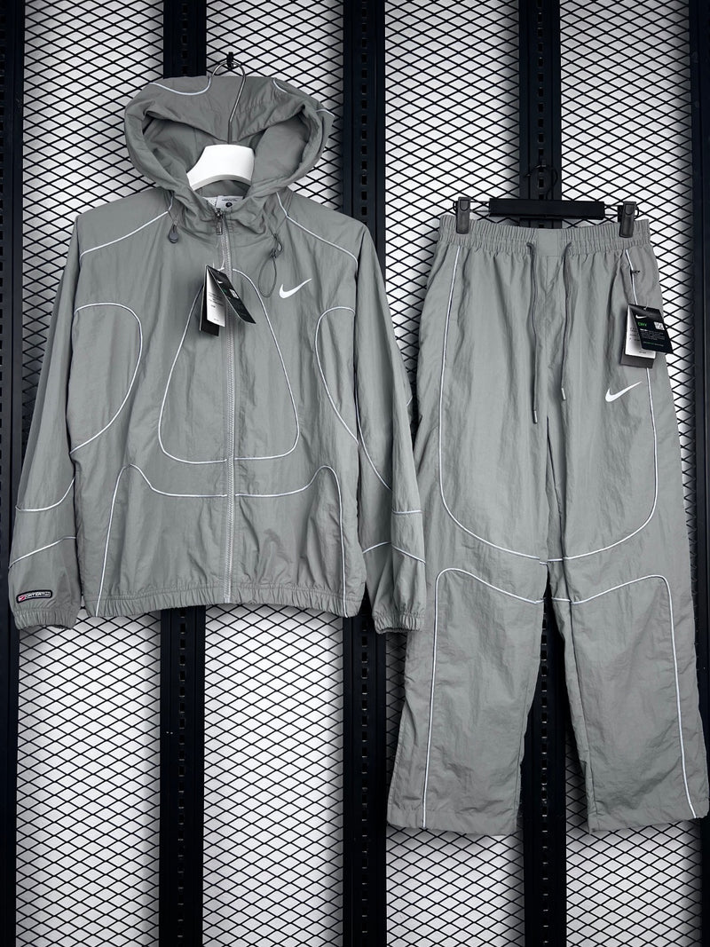 Contrast-piped nylon hooded tracksuit set in slate grey