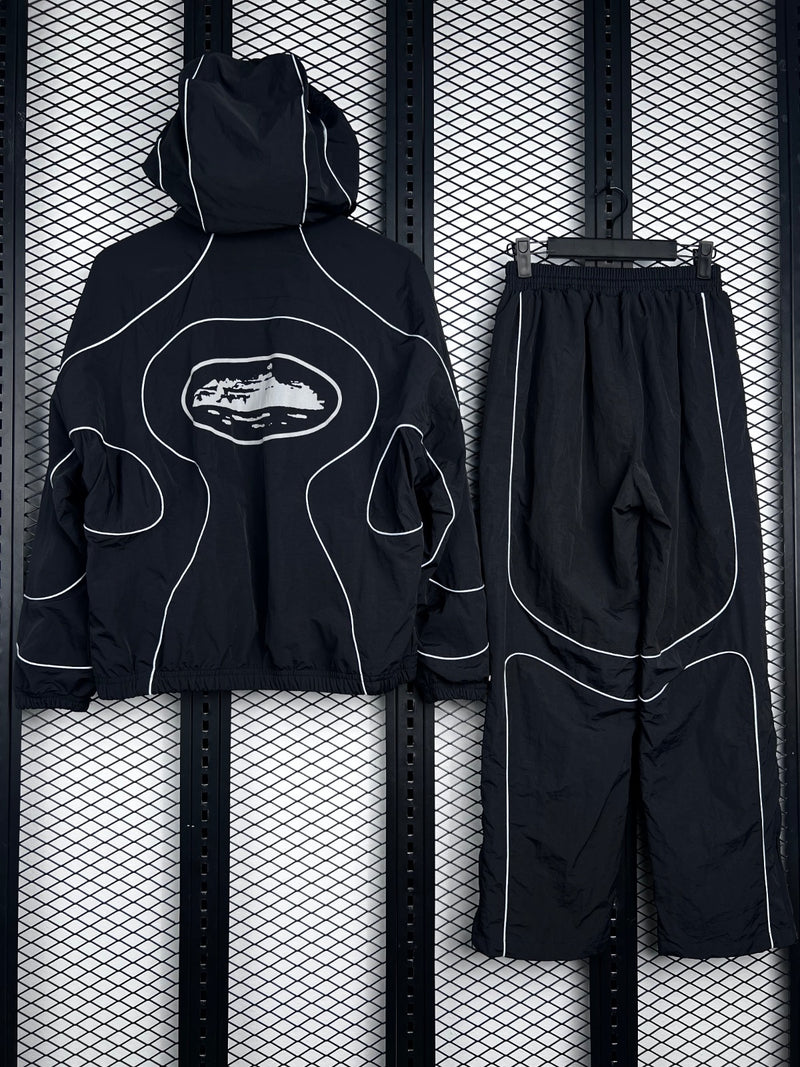 Hooded nylon tracksuit set with white contrast piping