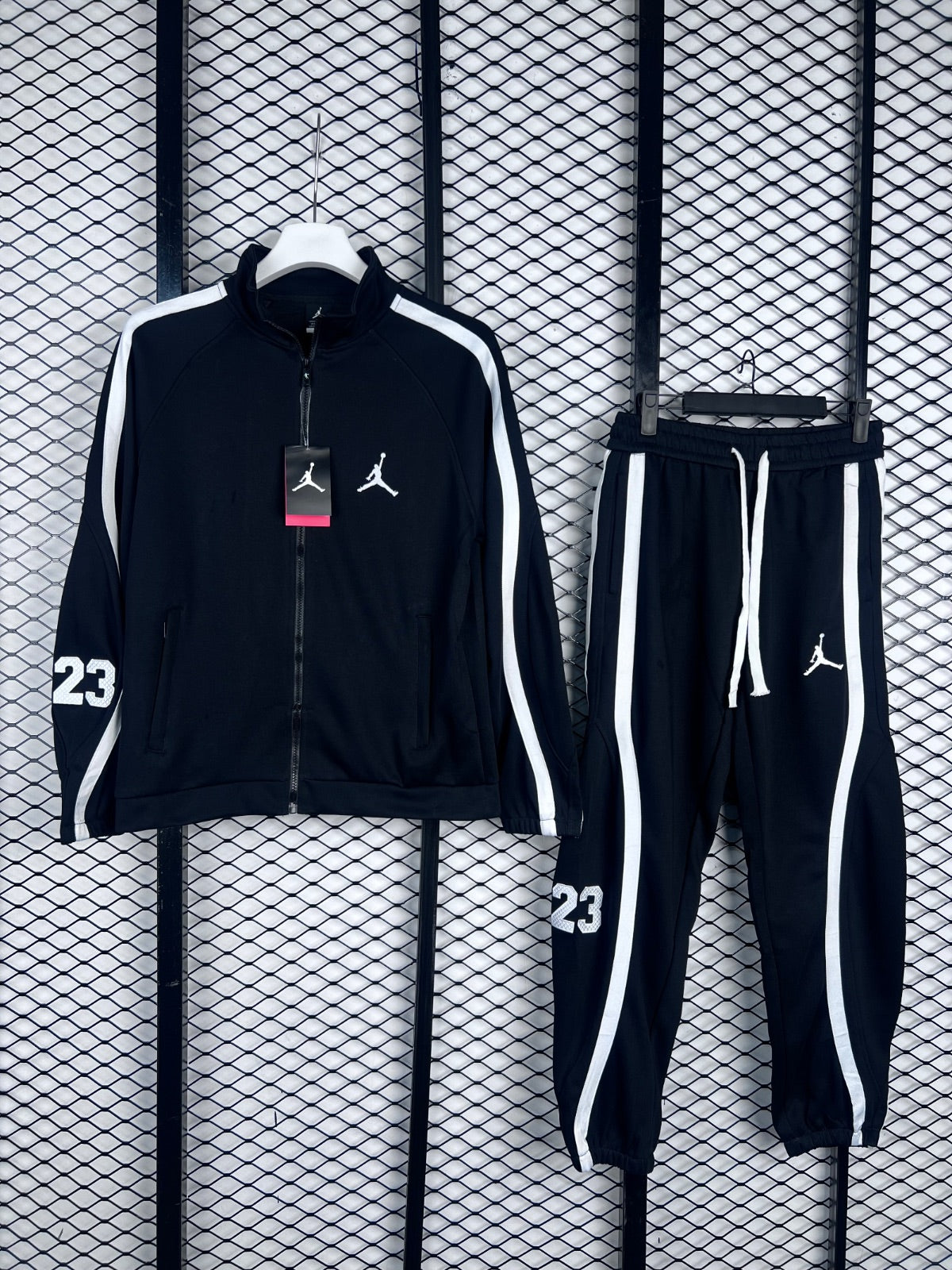 Curved white stripe detail tracksuit in black