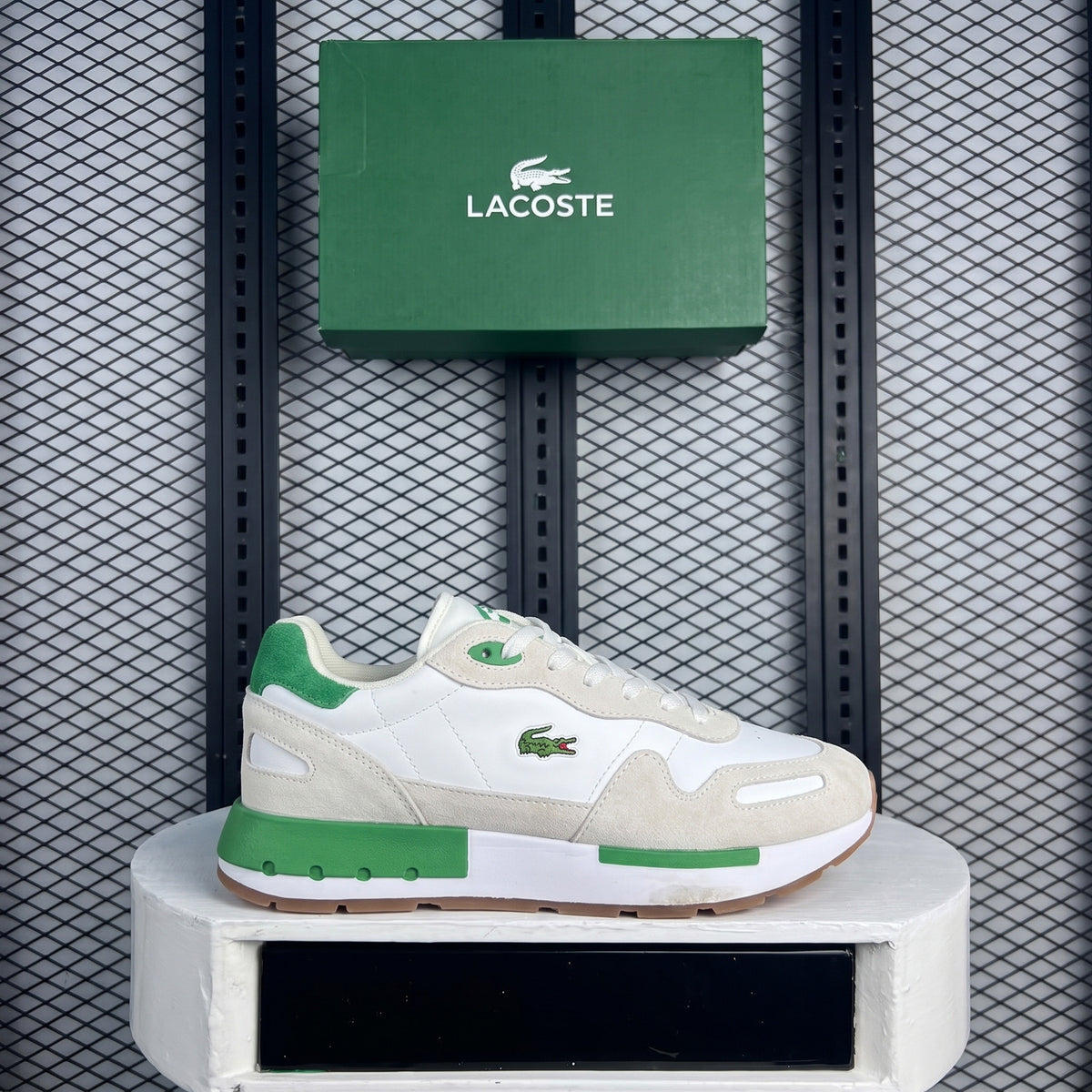 Colour-block matte textile runner in white and green on a chunky sole