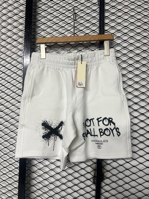 White graphic-print fleece sweat shorts with drawstring waist