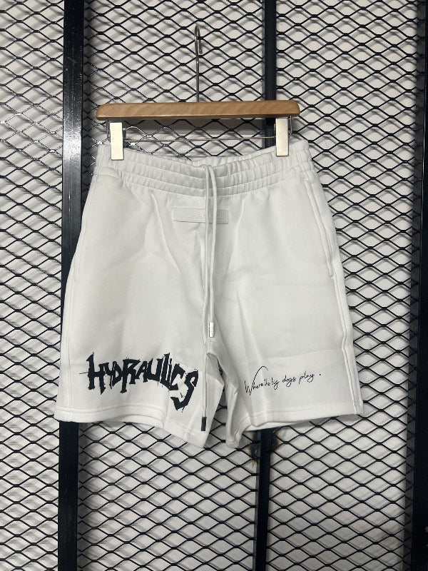 Drawstring sweat shorts with gothic graphic print