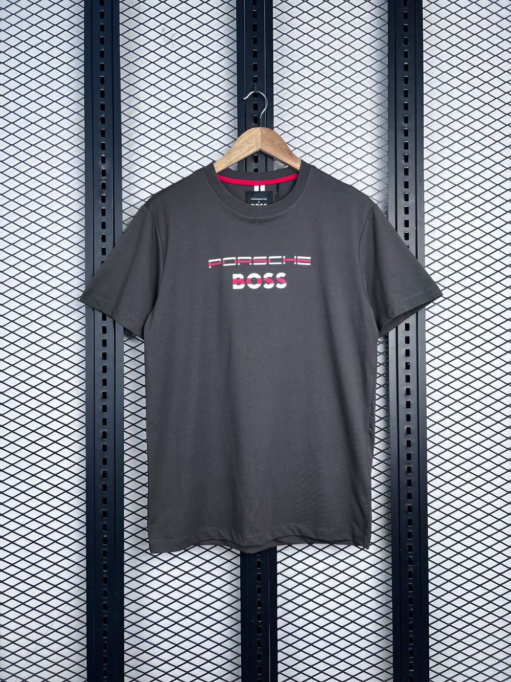 Black cotton crewneck tee with chest graphic