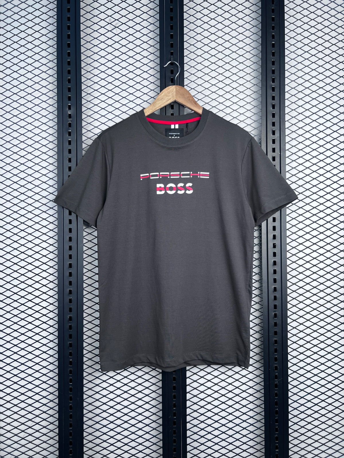 Black cotton crewneck tee with chest graphic