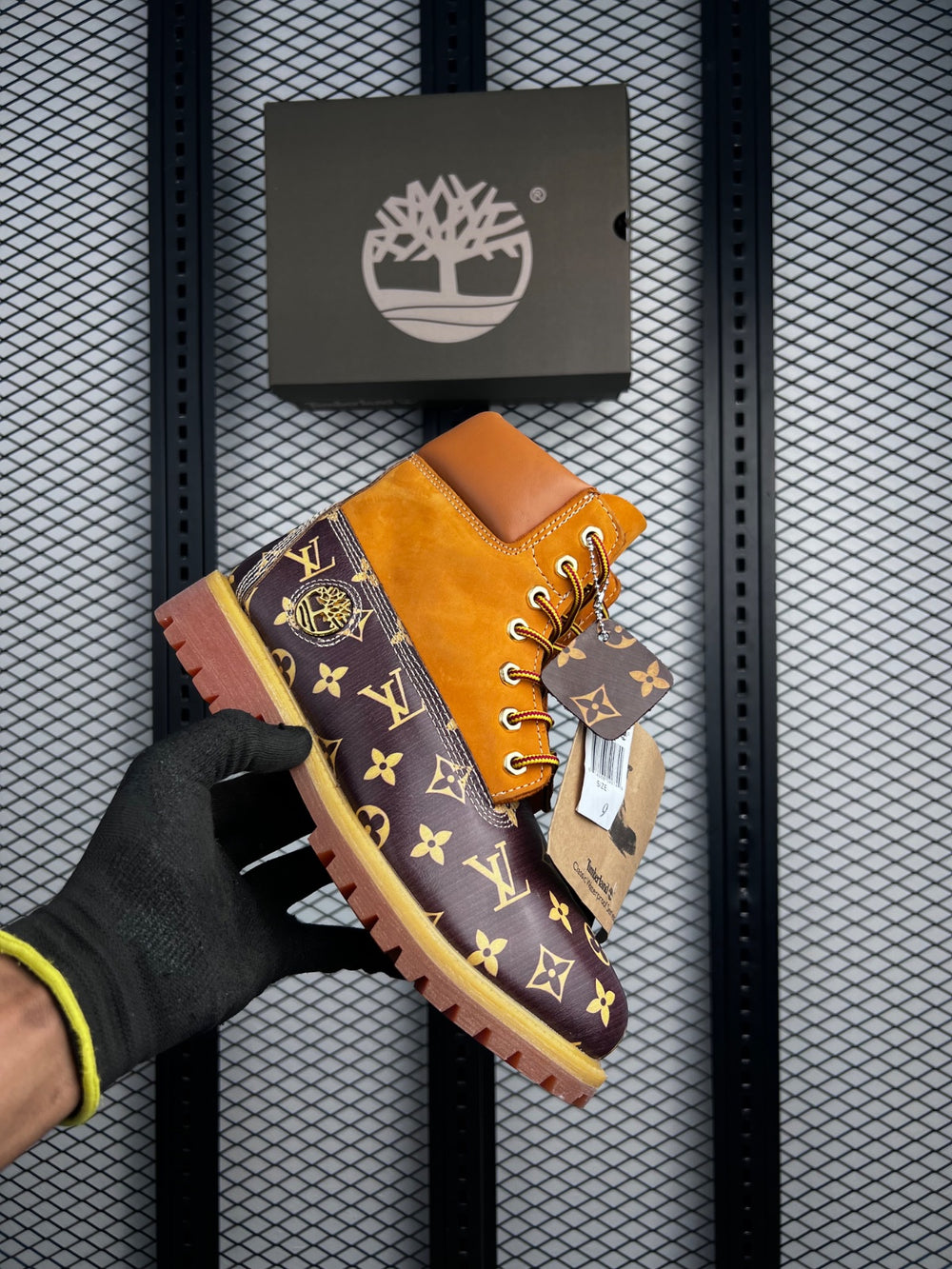 Padded-collar lugged boot with monogram print panels