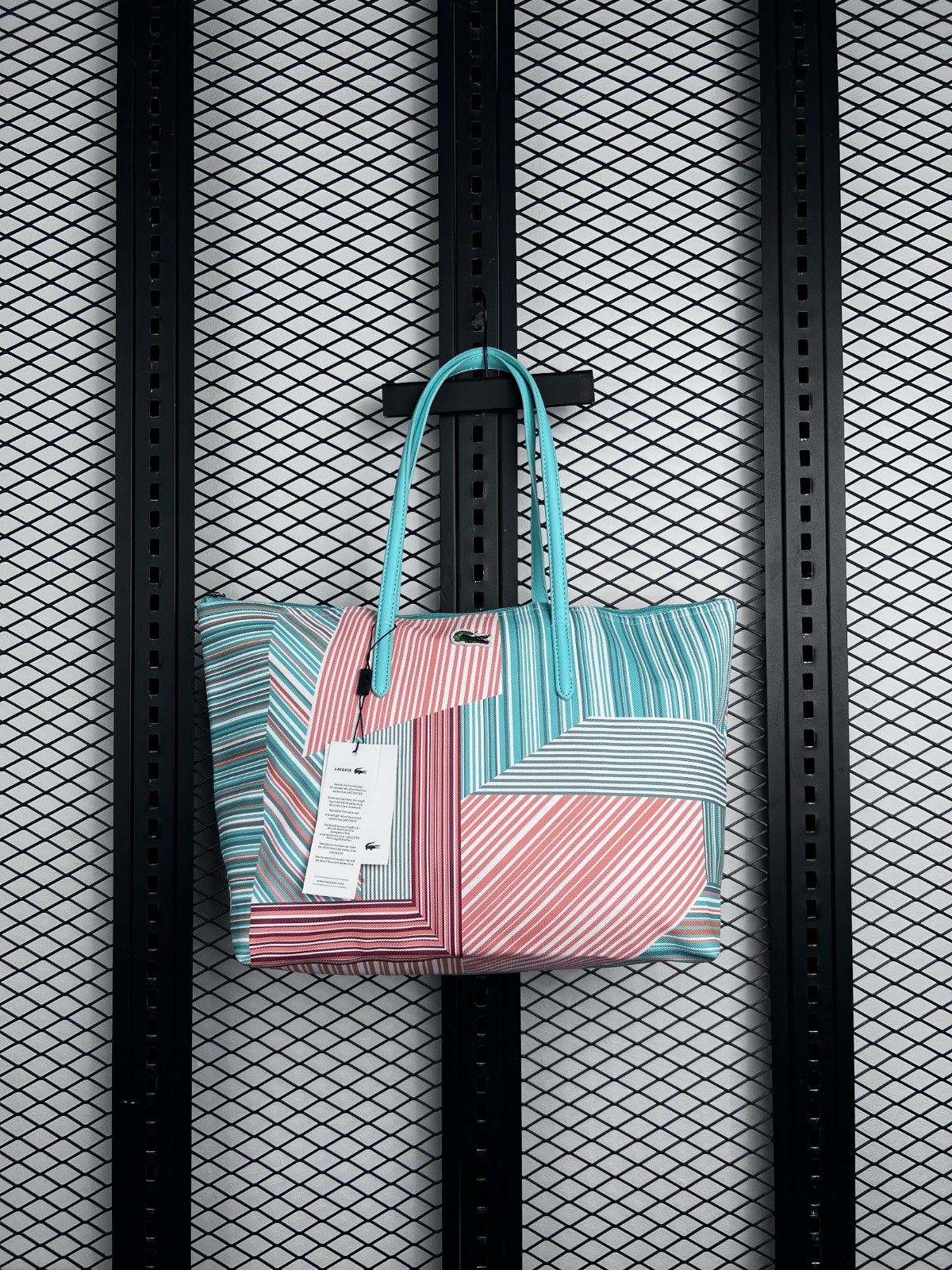 Mint and coral geometric-stripe canvas tote bag