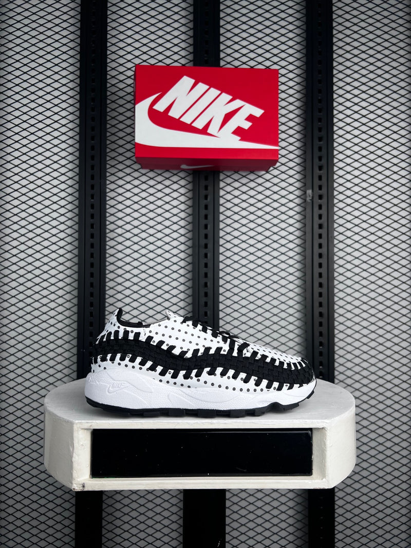 Perforated leather woven runner in white and black