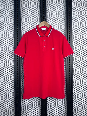 Red pique polo shirt with striped collar trim