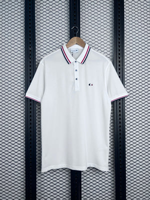 Ribbed-trim pique polo shirt with striped collar detailing