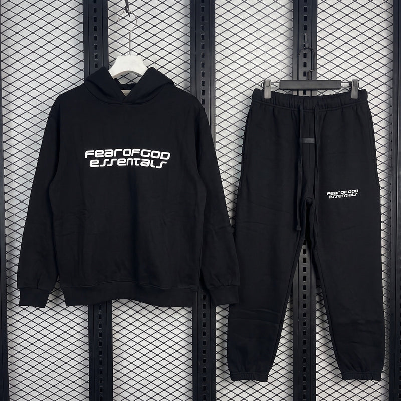 Drawstring-waist fleece tracksuit set in solid black