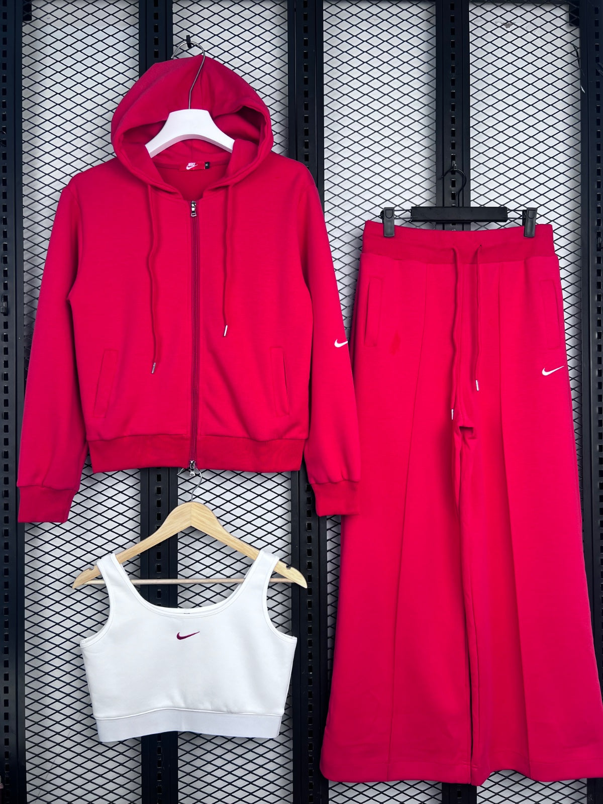 Zip-front hooded tracksuit in vibrant red jersey