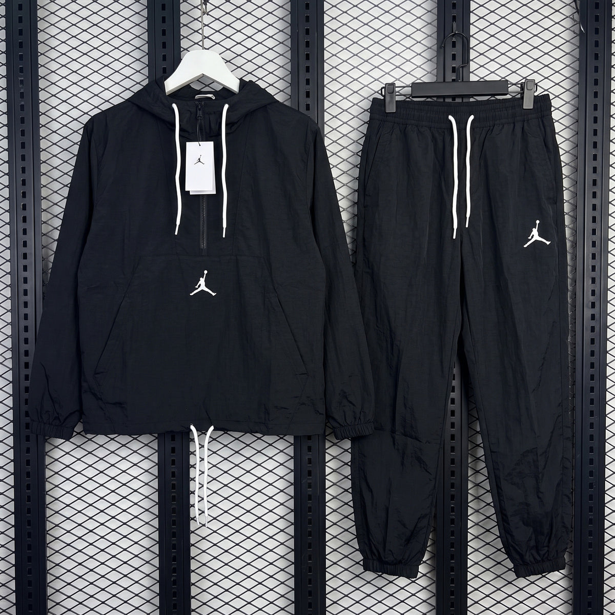 White-drawcord lightweight woven tracksuit set in black