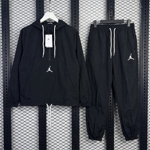 White-drawcord lightweight woven tracksuit set in black