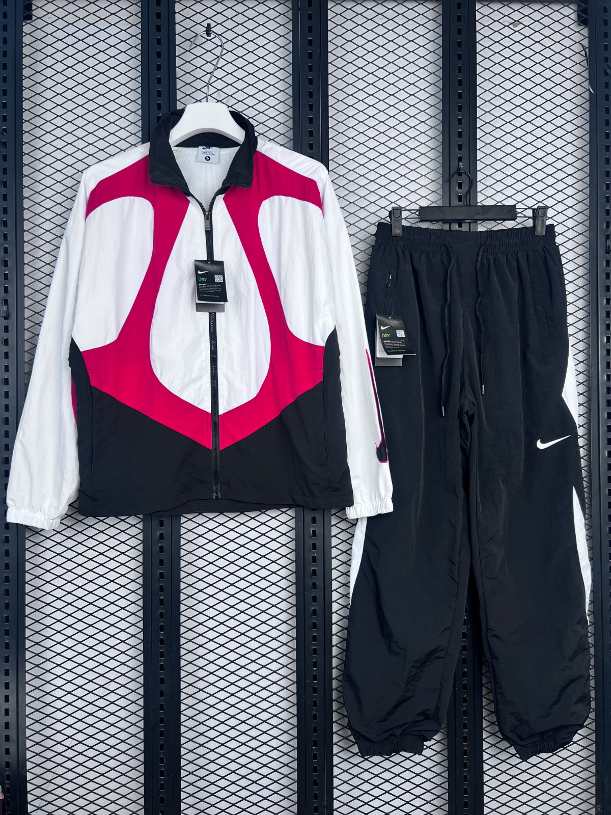 Matte nylon colourblock tracksuit in white, red and black