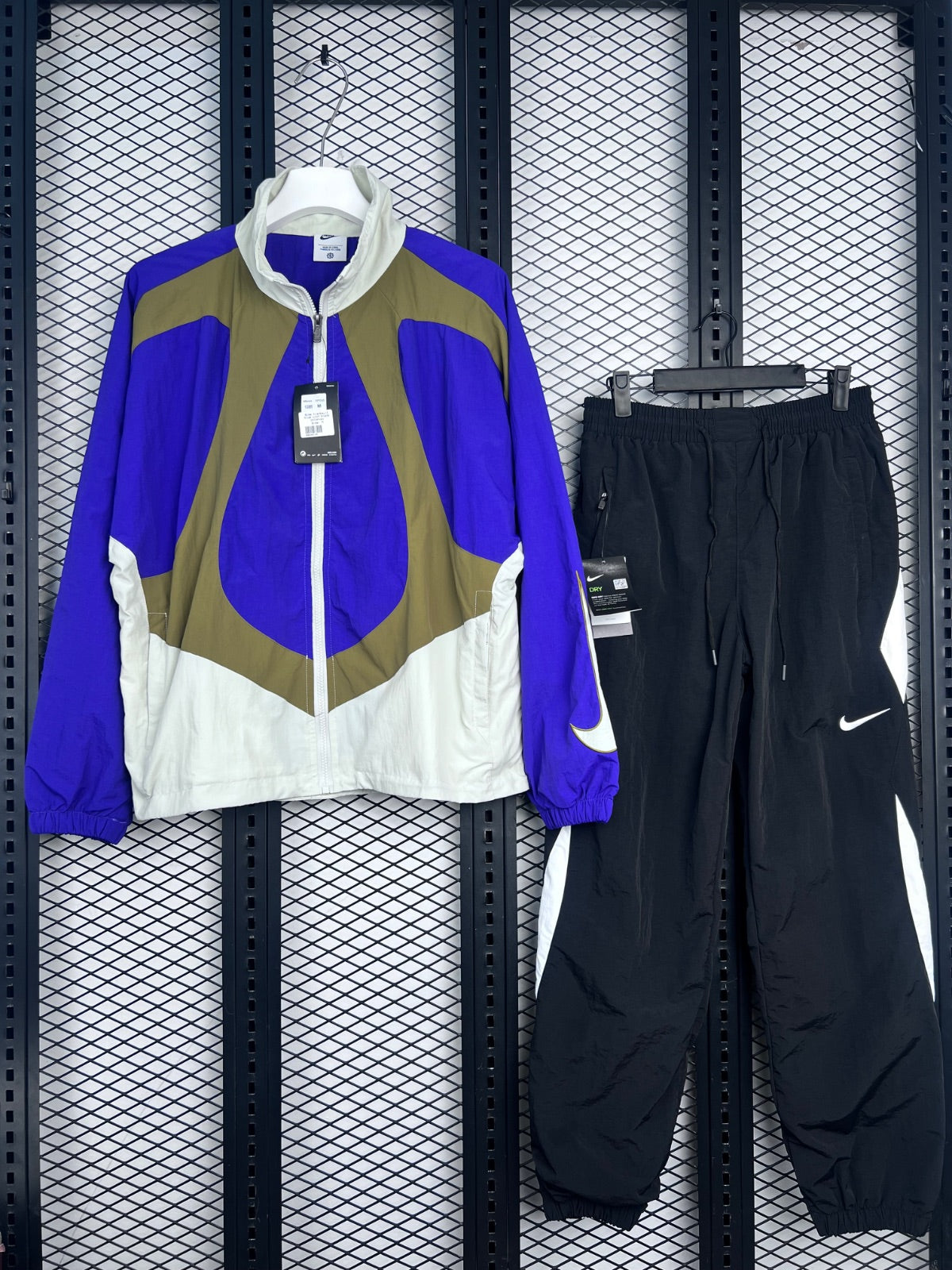 Woven nylon colour-block tracksuit in purple and beige