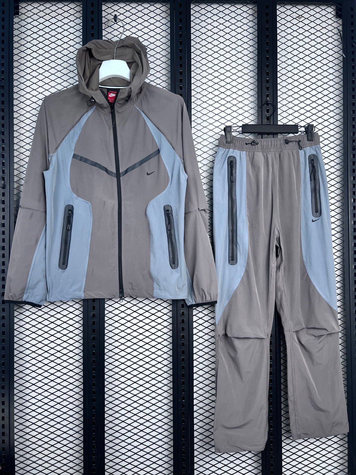 Taped-zip panelled nylon hooded tracksuit in taupe slate