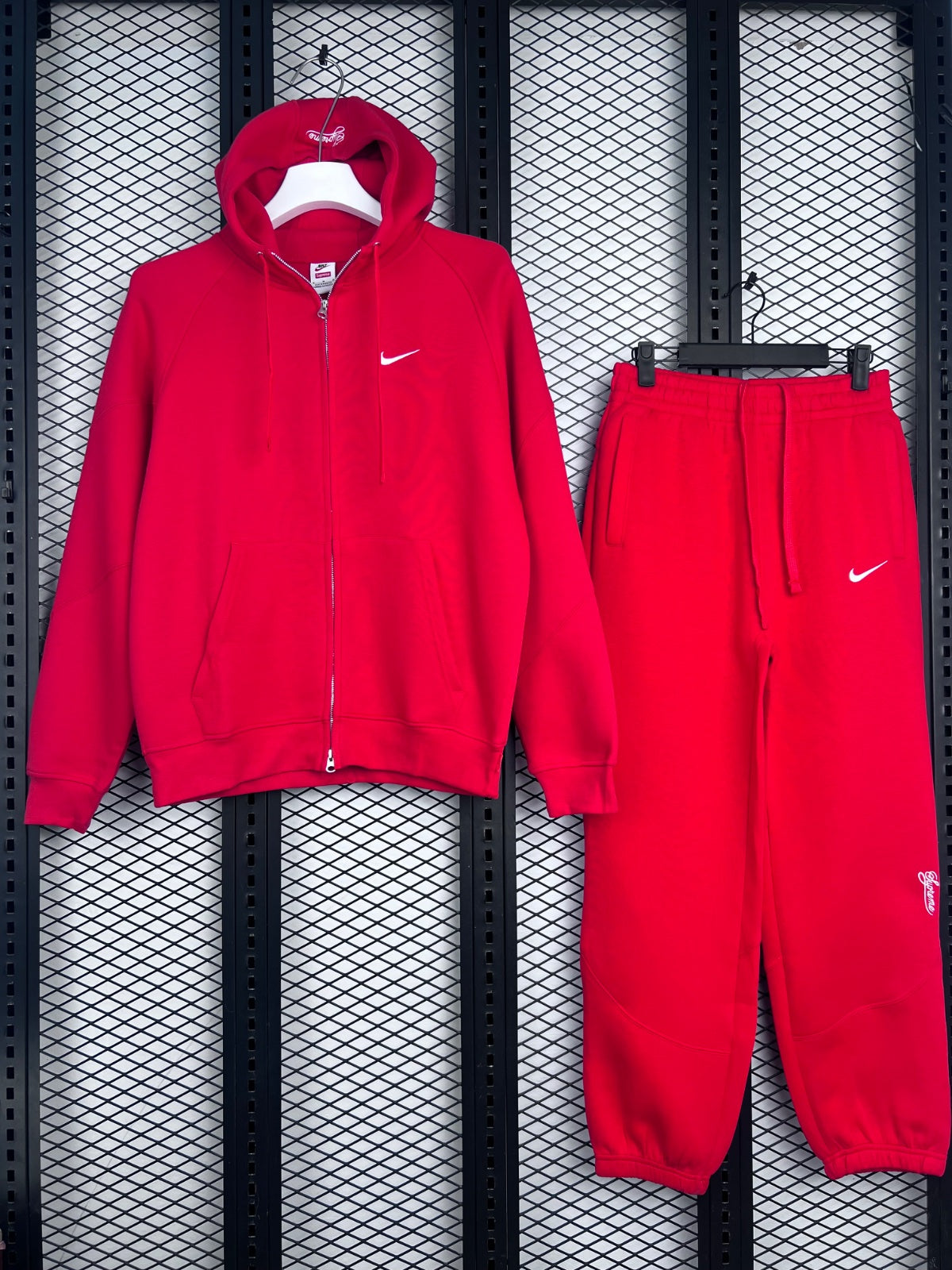 Zip-front hooded fleece tracksuit in bright red