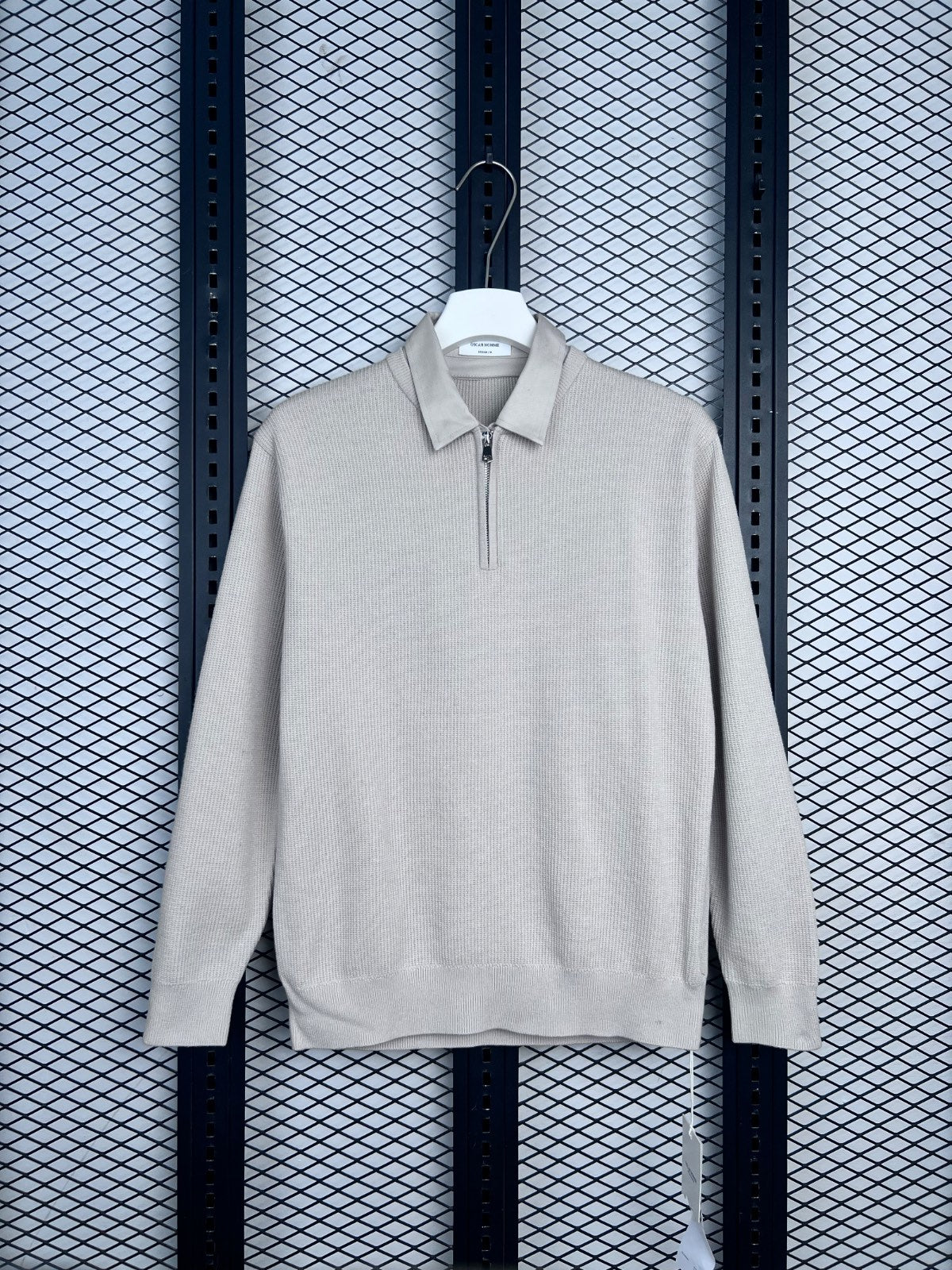 Fine-knit half-zip pullover with double collar in beige