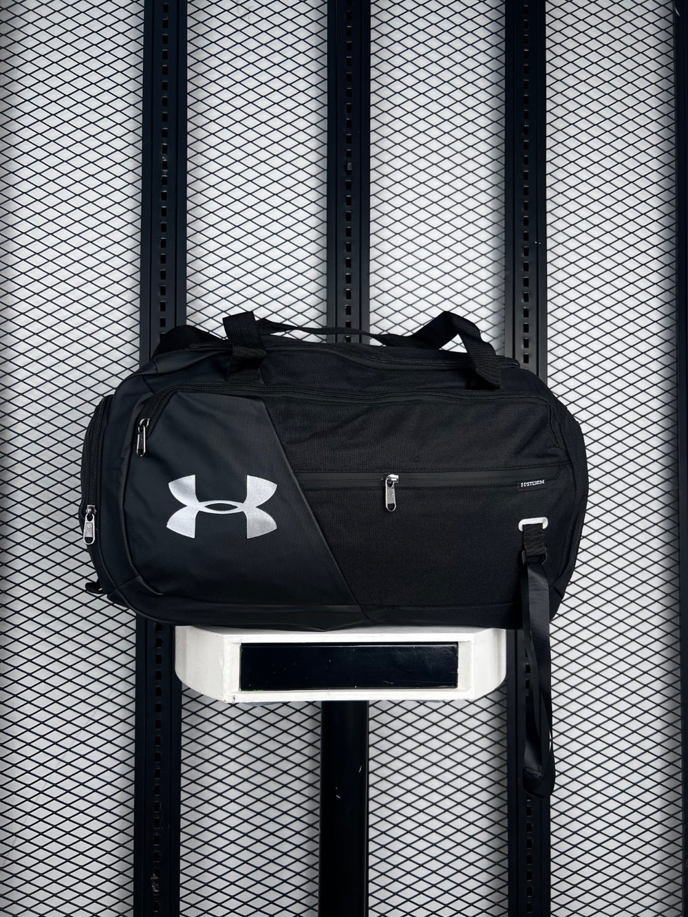 Asymmetric panel gym duffel with silver emblem