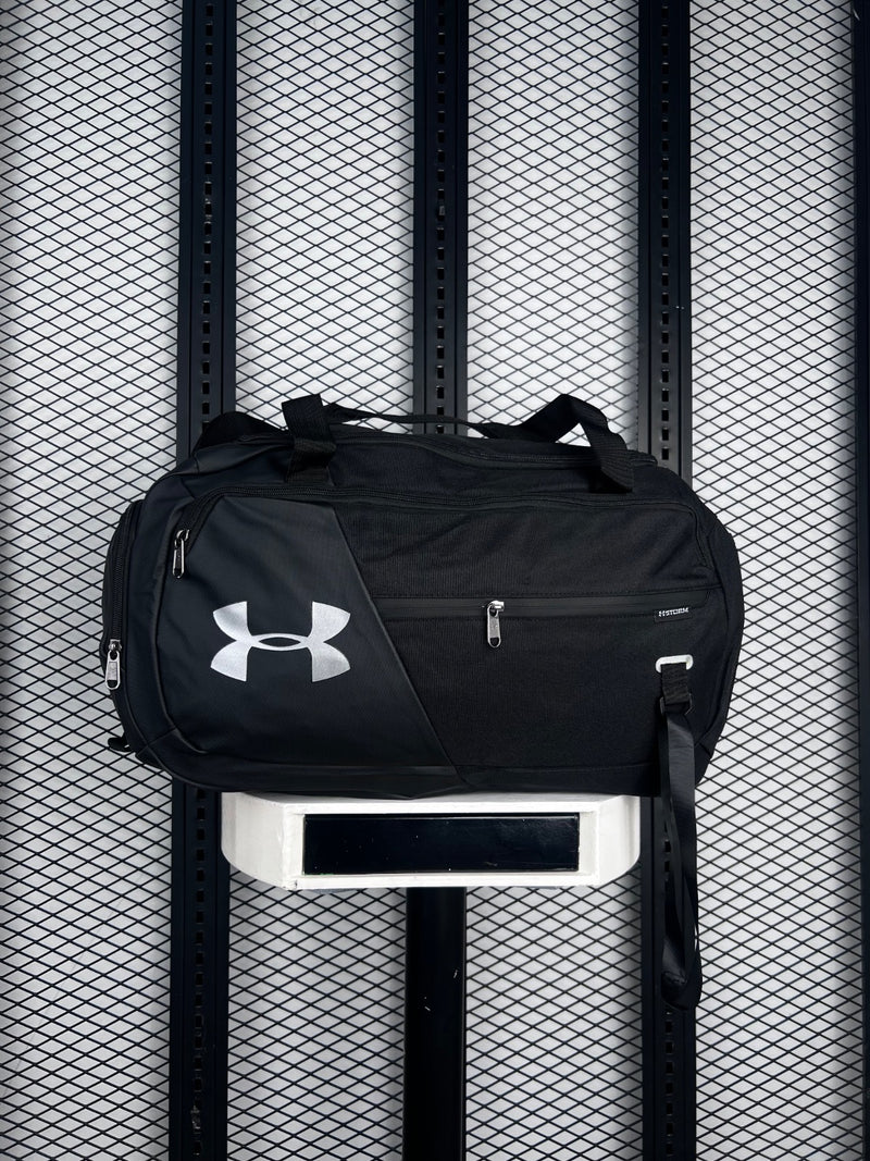 Asymmetric panel gym duffel with silver emblem